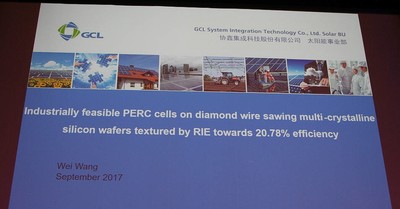 Presentation by GCL System Integration at EU PVSEC 2017: Industrially feasible PERC cells on diamond wire sawn multicrystalline silicon wafers textured by RIE towards 20.78% efficiency