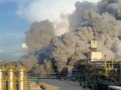 Polysilicon plant of OCI Malaysia in the Samalaju Industrial Park of Bintulu, Sarawak state with huge smoke cloud from a fire caused by the explosion of a feed gas pipe on August 14, 2024