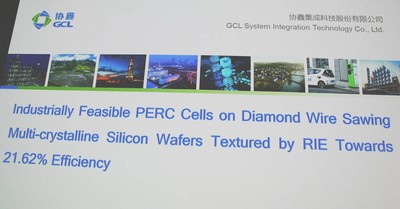 Presentation by GCL System Integration at EU PVSEC 2018: Industrially feasible PERC cells on diamond wire sawn multicrystalline silicon wafers textured by RIE towards 21.62% efficiency